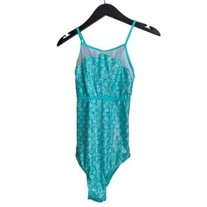 Justice Girl's One-Piece Swimsuit Size 18 Mermaid Design Aqua w/ Silver Sparkles